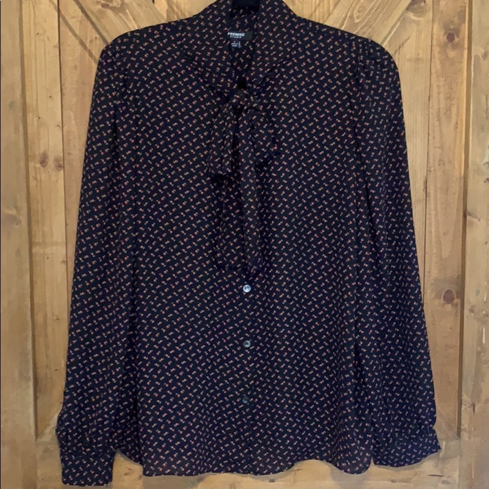 Woman’s Black Blouse with Neck Bow and Rose Print